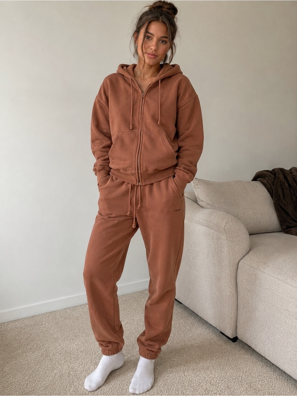TNA Aritzia Women's Rust Brown Zip Hoodie & Joggers Set size small